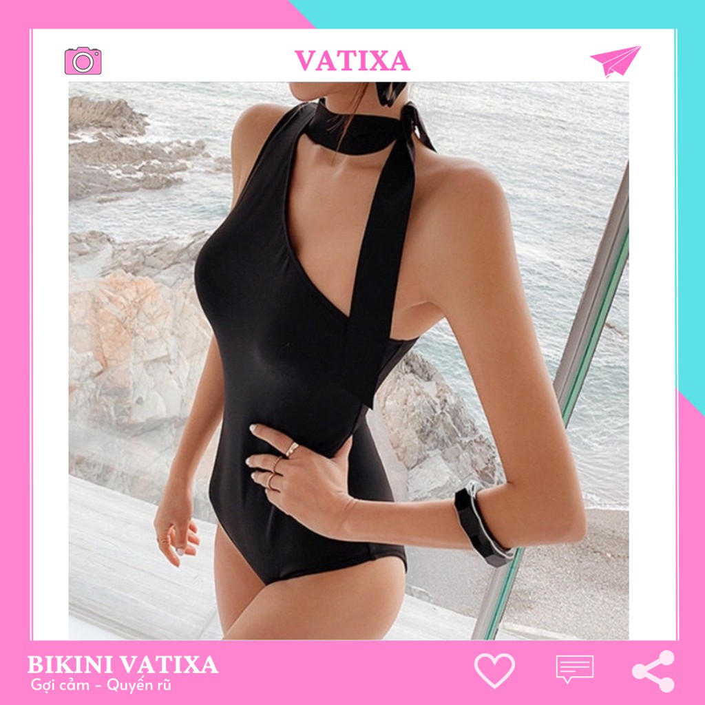 Bikini 1 mảnh cột dây cổ màu đen sang chảnh VATIXA BKN69