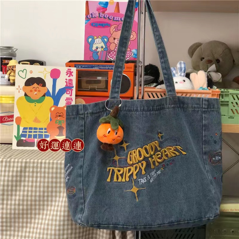 Túi Xách Denim Thêu Họa Tiết Y2K Thời Trang Nữ Tính