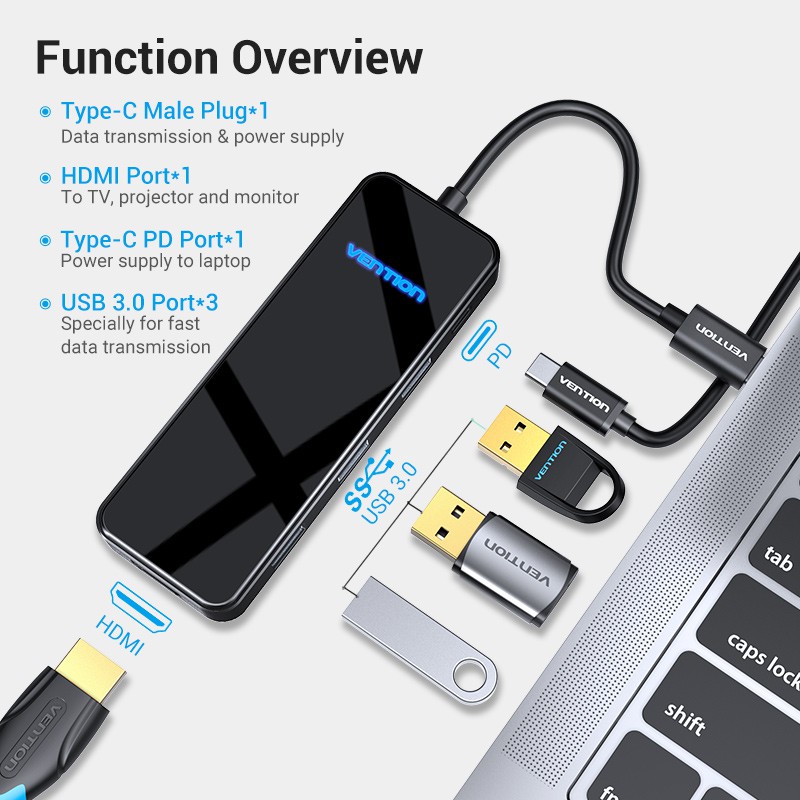 Thiết bị chia cổng VENTION chia cổng sạc USB C sang cổng HDMI 4K /3 USB 3.0/100W PD 5 trong 1