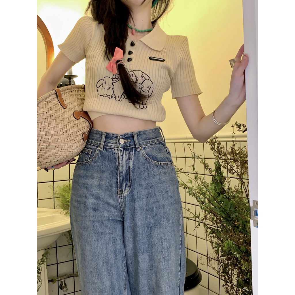 Cocory vn Áo Thun Croptop Dệt Kim Tay Ngắn Cổ Polo Thêu Họa Tiết Thỏ Thời Trang Mùa Hè Cho Nữ