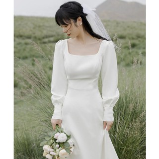 váy trắng cô dâu, đầm chụp ảnh, đi bàn dự tiệc thiết kế cổ vuông tay dài dây rút sau lưng
