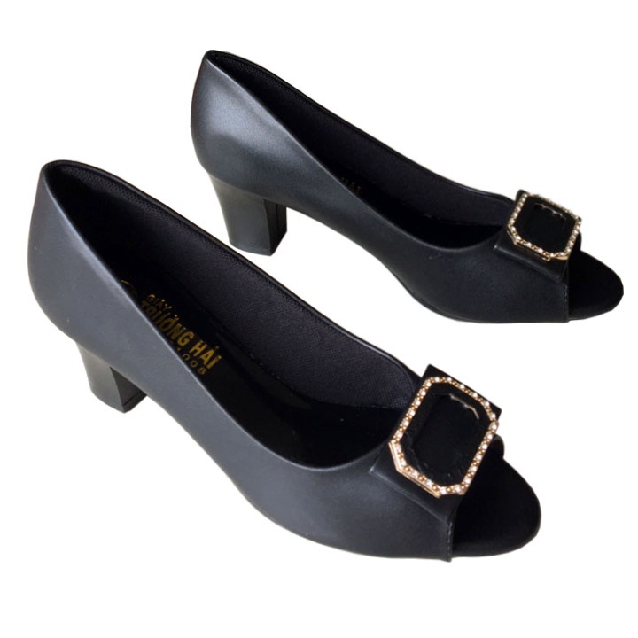 Giày cao gót hở mũi da mềm màu đen gót cao 5cm CG125F