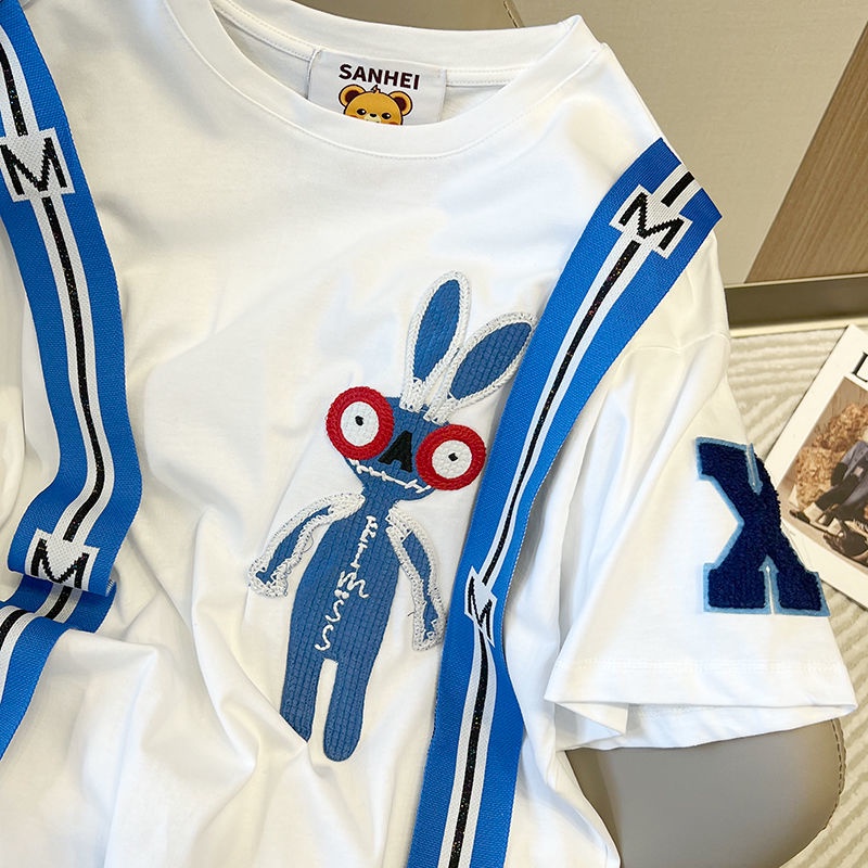 Áo Thun Tay Ngắn Thêu Họa Tiết Hoạt Hình Phối Ruy Băng Thời Trang Mùa Hè Cho Nữ 2022