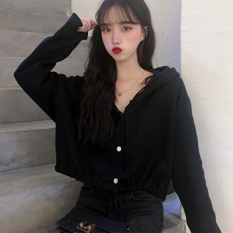 Áo Hoodie Màu Trơn Dáng Rộng Phối Dây Rút Trẻ Trung Phong Cách Hàn Quốc Cho Bạn Gái