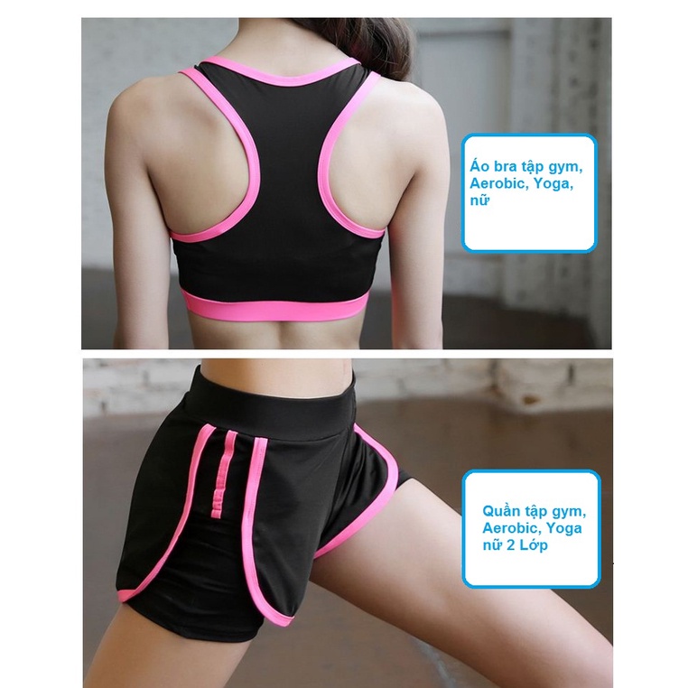 Bộ đồ thể thao 3 món tập Gym nữ, set đồ tập Yoga nữ 3 món áo thun quần đùi 2 lớp và áo bra có đệm mút GYM FASHION