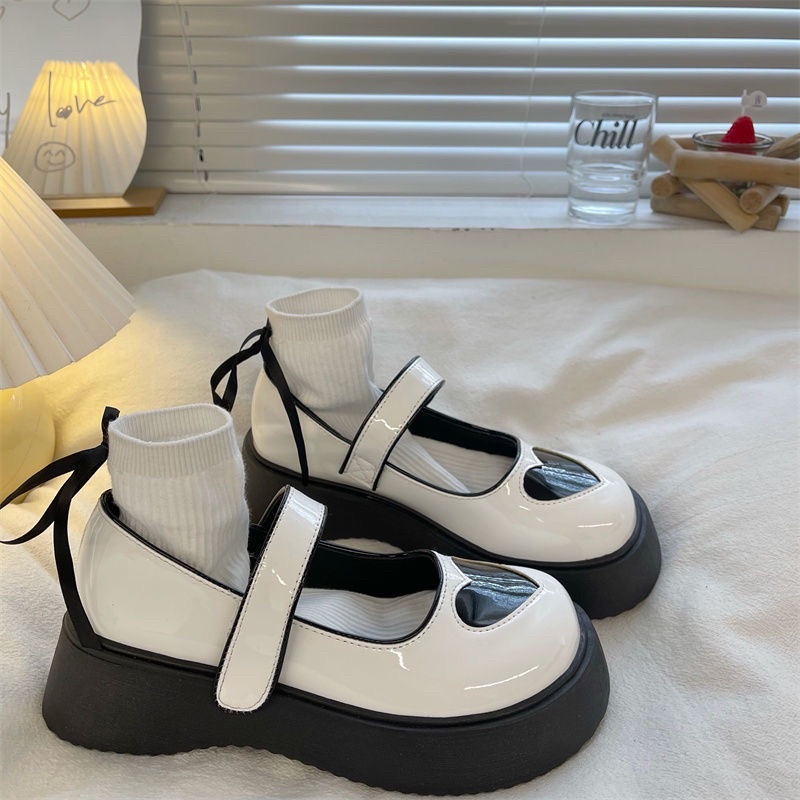 Giày Oxford nữ đế cao, Giày da đế dày mũi tròn trái tim phong cách ulzzang