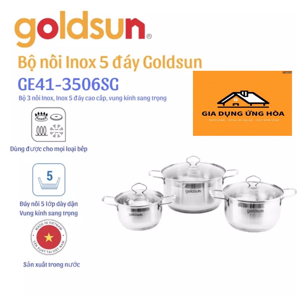 Bộ nồi inox 5 đáy Goldsun Đáy Từ- GE41-3506SG - Chất liệu inox 430 cao cấp- dùng cho mọi loại bếp-hàng việt nam