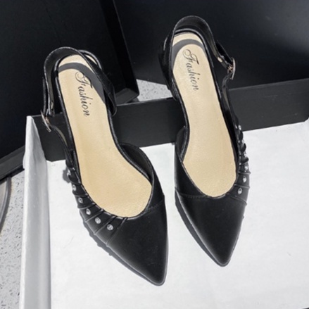 Giày Búp Bê Nữ Có Dây Quai Hậu Đính Đá Phong Cách Mạnh Mẽ, Cá Tính - Giày Nhựa Sandal Búp Bê Mũi Nhọn