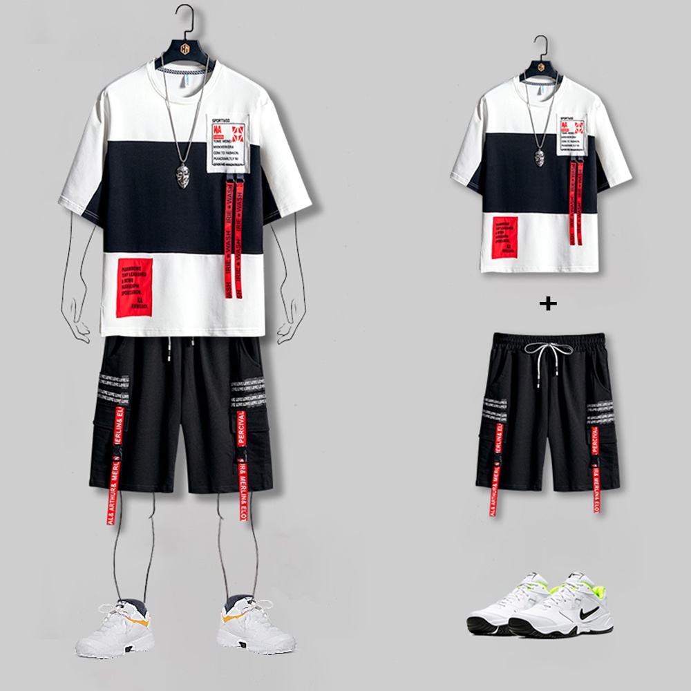 Bộ Quần Áo Thun Nam Thể Thao Mùa Hè Ngắn Tay Hai Màu Kèm Quần Shorts Phối Dây Chữ Cá Tính SET NAM 9000039C2