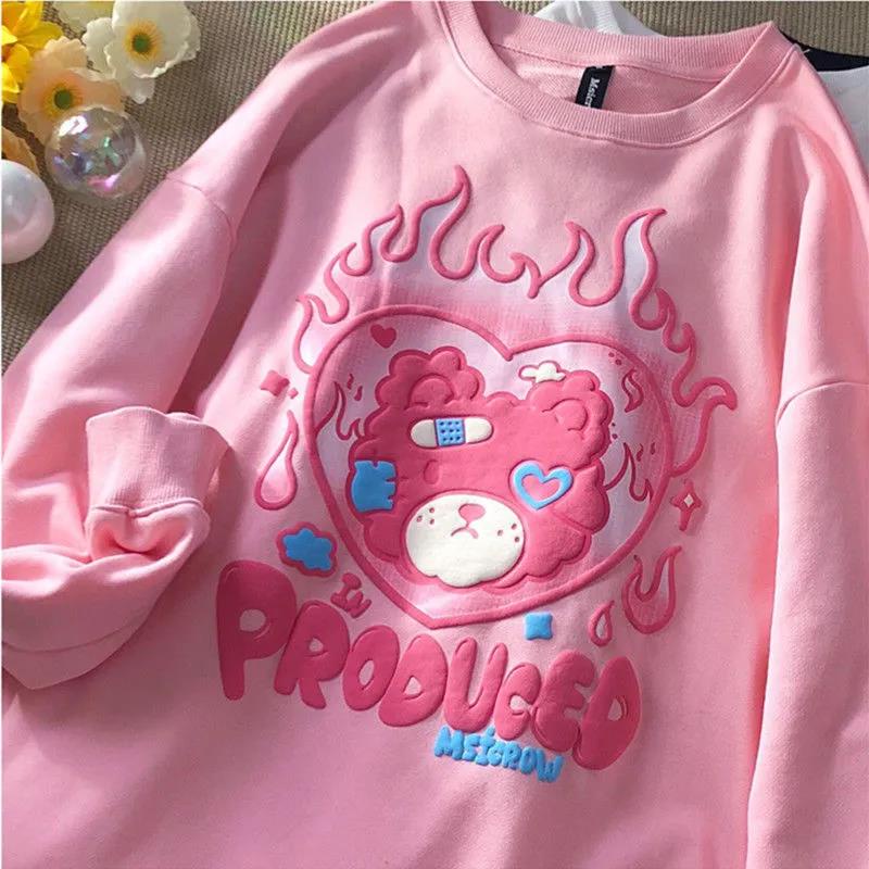 Áo sweater tay dài cổ tròn dáng rộng họa tiết chú gấu thời trang mùa thu phong cách Hàn Quốc cho cặp đôi