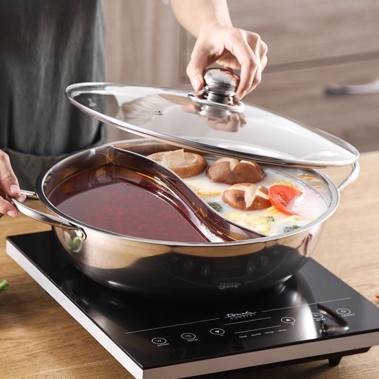 Nồi Lẩu 2 Ngăn NHẬP KHẨU CHÍNH HÃNG Nắp Kính Sang Trọng 30cm Nấu Được Bếp Từ Chất Liệu Inox Dày Dặn
