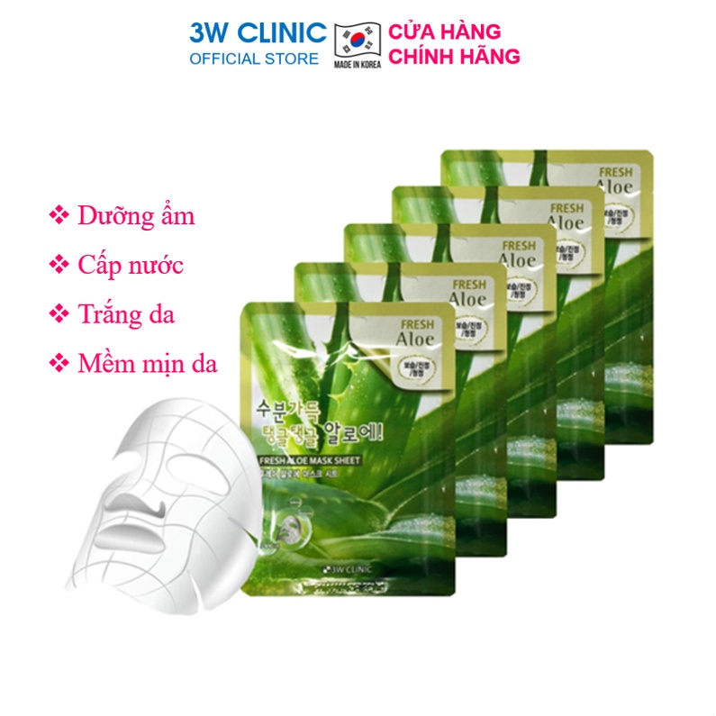 Combo 5 Túi Mặt nạ giấy dưỡng ẩm dưỡng trắng da chiết xuất từ Lô Hội 3W CLINIC Hàn Quốc