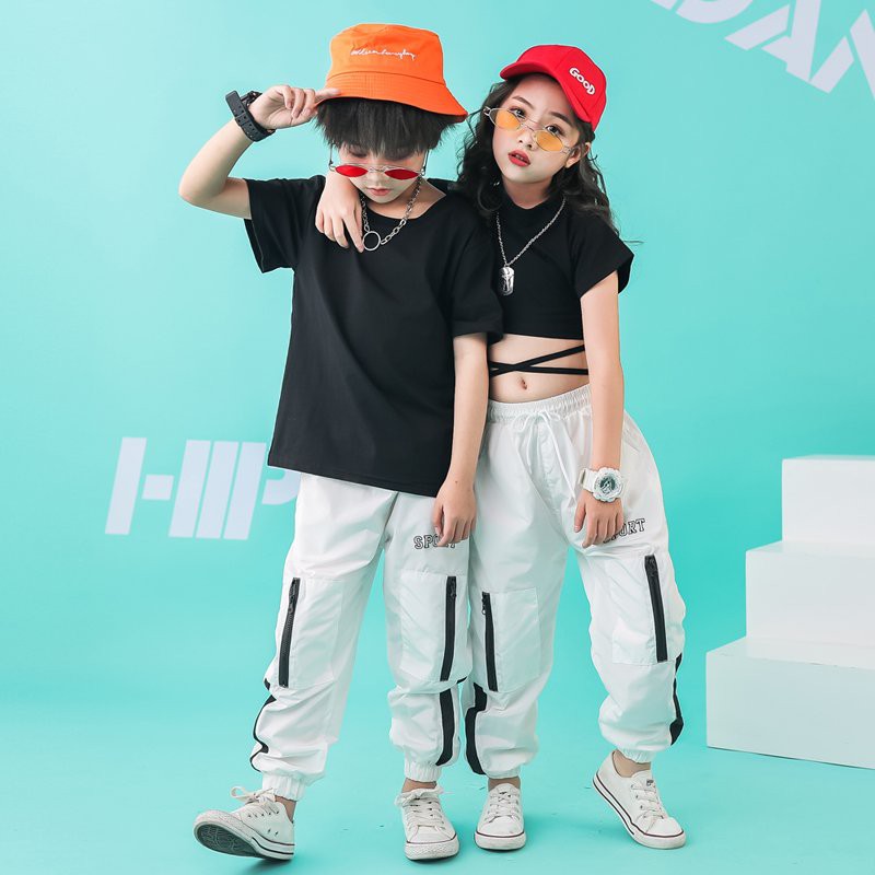 Áo Croptop nhảy Hiphop trẻ em | Áo Croptop dây cộc tay đen trơn