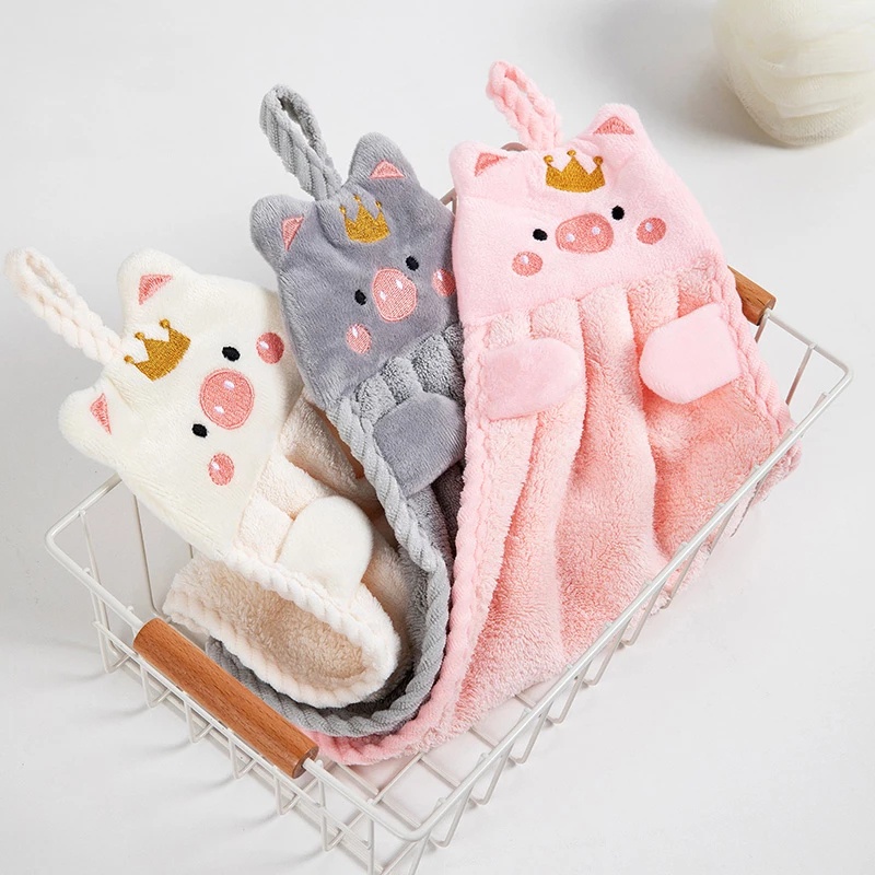 Khăn lau tay treo tường bằng vải lông cừu san hô mềm thấm hút nhanh khô thêu hình chú heo hoạt hình sáng tạo