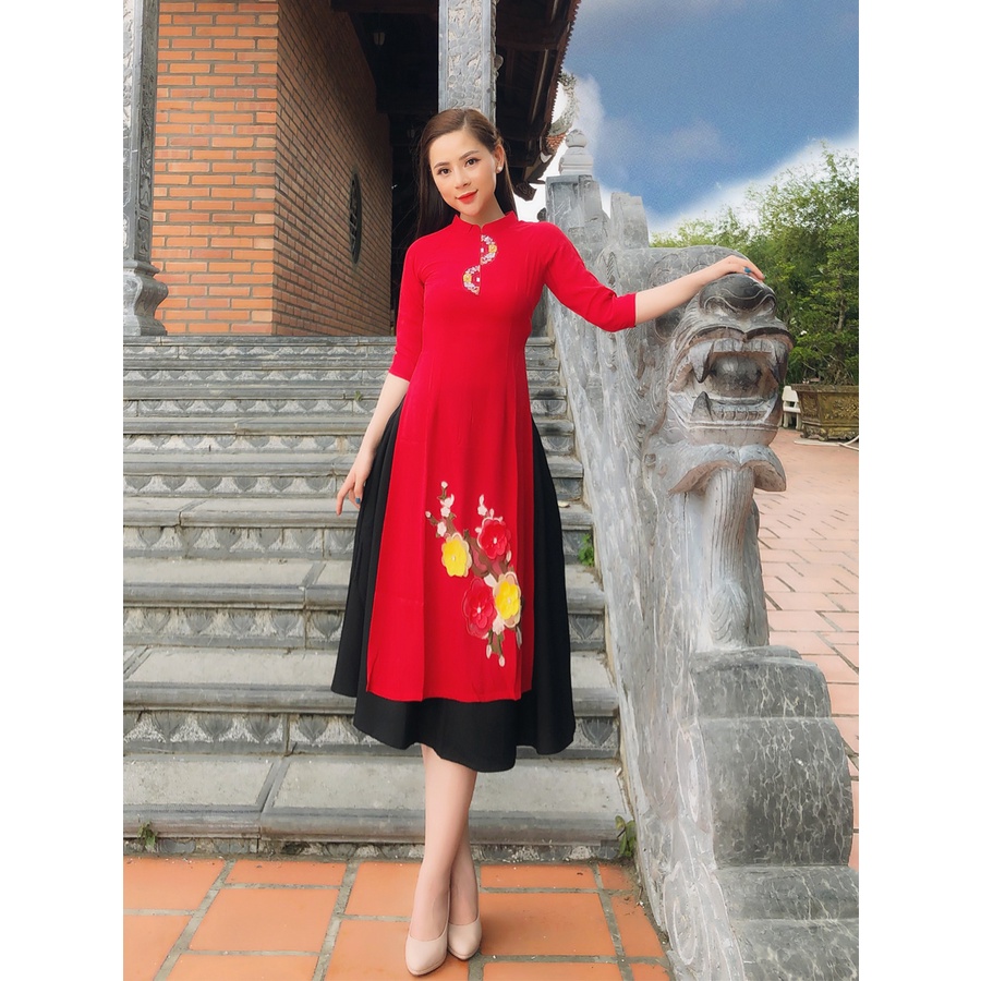 Bộ áo dài mẹ và bé đỏ gắn hoa thêu- M03
