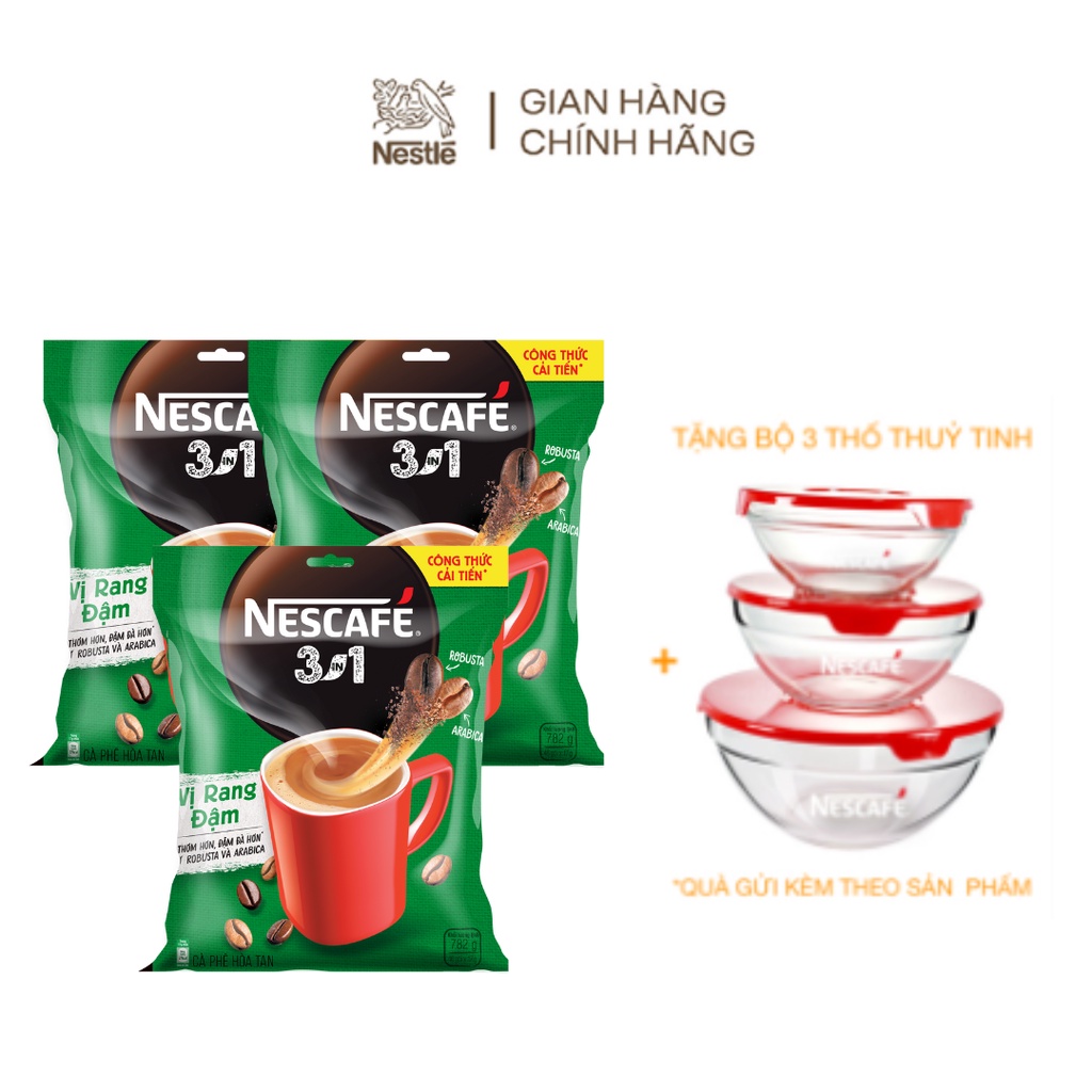 [Tặng Bộ 3 thố thủy tinh]  Combo 3 bịch Cà phê hòa tan Nescafé 3in1 công thức cải tiến - vị rang đậm (Bịch 46 gói x17g)