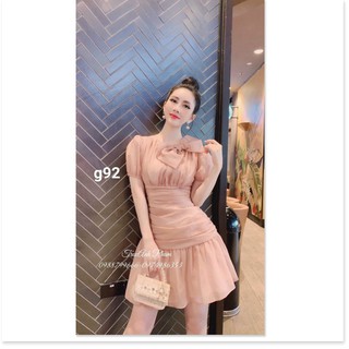 đầm nữ cổ tròn cột nơ cổ tay ngắn tay phồng chít eo dáng xòe