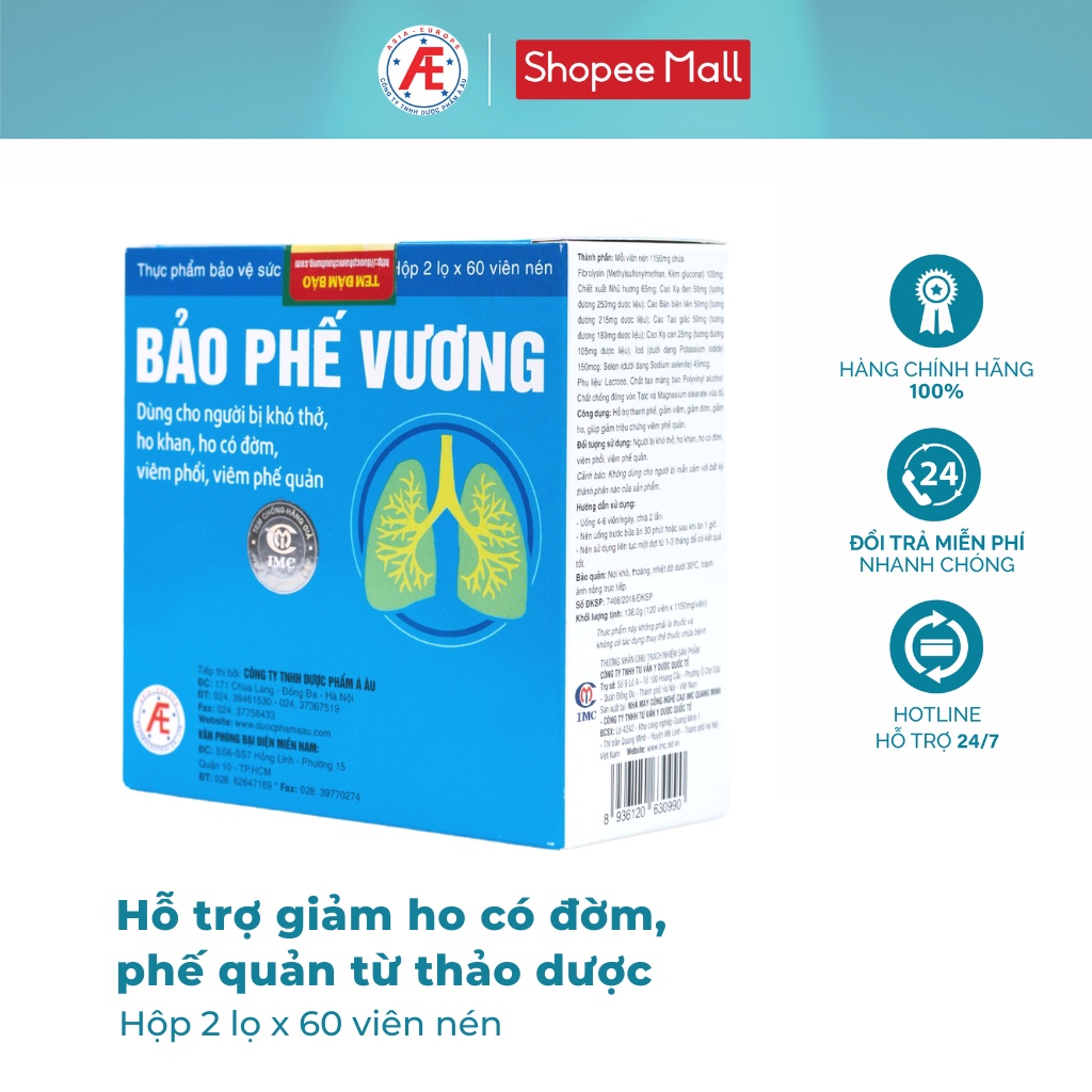 Bảo phế vương hỗ trợ giảm ho có đờm hộp 120 viên DƯỢC PHẨM Á ÂU
