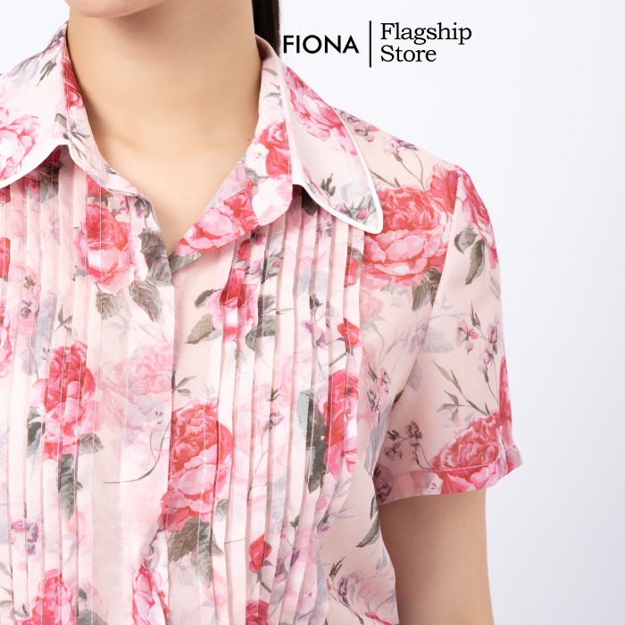 Áo sơ mi nữ thiết kế FIONA, áo voan tơ họa tiết hoa hồng, sơ mi dáng suông cộc tay mã F551235