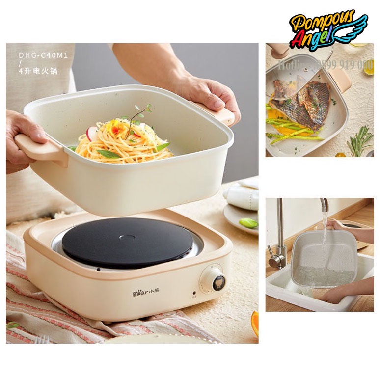 Bếp điện kèm nồi lẩu nướng tráng men chống dính 1500W BEAR DHG-C40M1 tháo rời 4L màu kem bảo hành 12 tháng