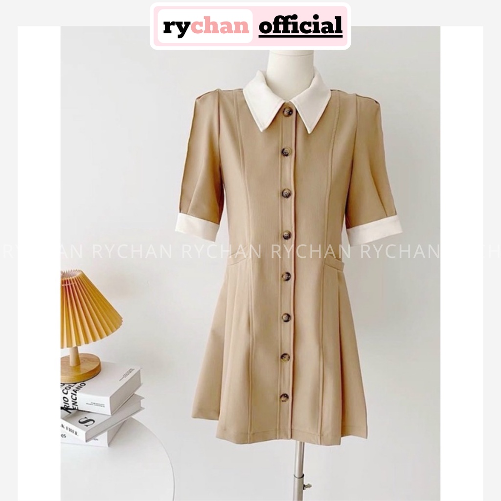 Đầm Nữ Dự Tiệc Form Ngắn Cổ Trắng Nút Đen Bo Eo Cực Đẹp, Đầm Kem Phối Viền Trắng Lạ Mắt [ẢNH THẬT CUỐI] - DX9775