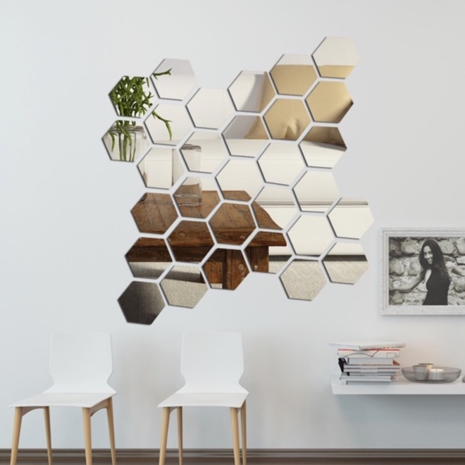 12 nhãn dán tường Acrylic hiệu ứng gương hình lục giác tự dính có thể tháo rời độc đáo
