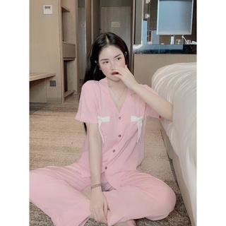 Đồ bộ pizama lụa mango trơn phối nơ