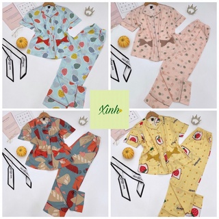Pyjama tay ngắn quần dài 2 túi nơ, đồ tole mặc nhà, bộ lanh dài
