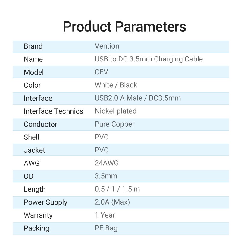 Cáp nguồn usb sang DC 3.5 Vention CEXB dây sạc máy rửa mặt