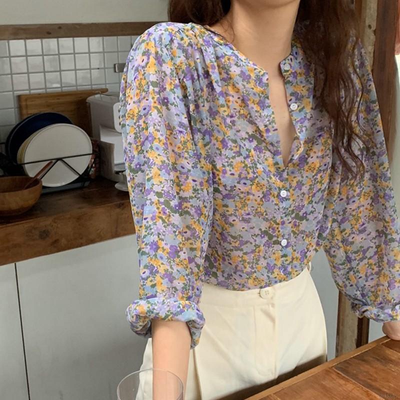 Áo Sơ Mi Nữ Tay Dài Dáng Rộng In Hoa Thời Trang Hàn Quốc