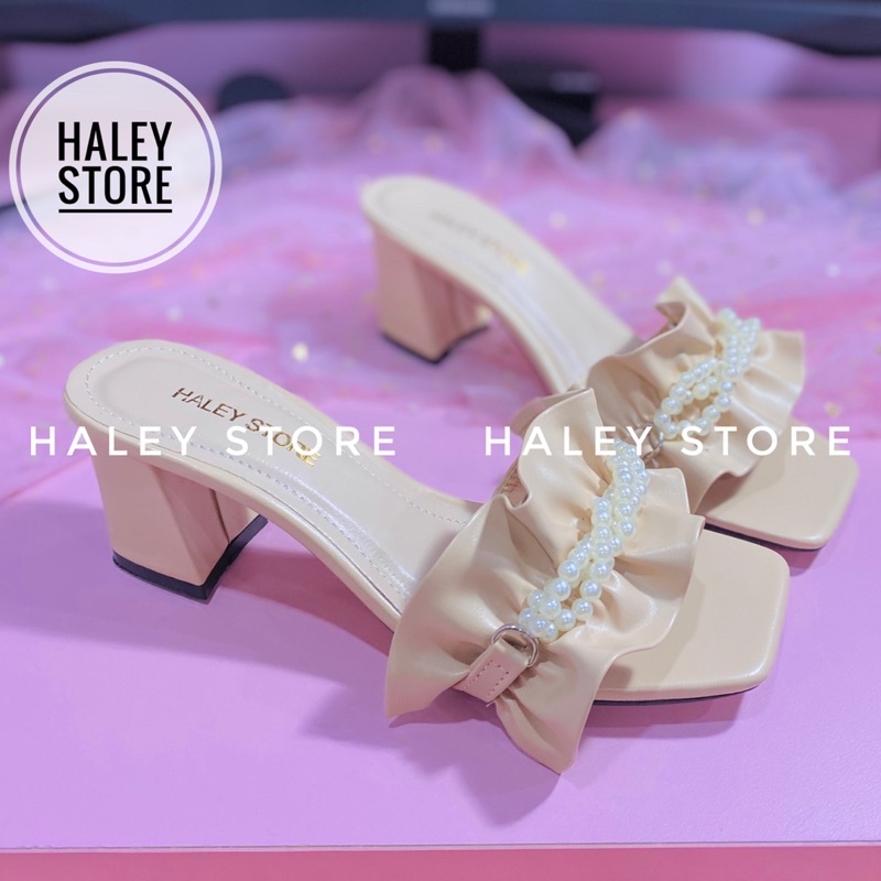 Guốc nữ 5p gót vuông trong suốt bèo nhún nhúm đính ngọc châu đi chơi đi tiệc đi du lịch HALEY STORE