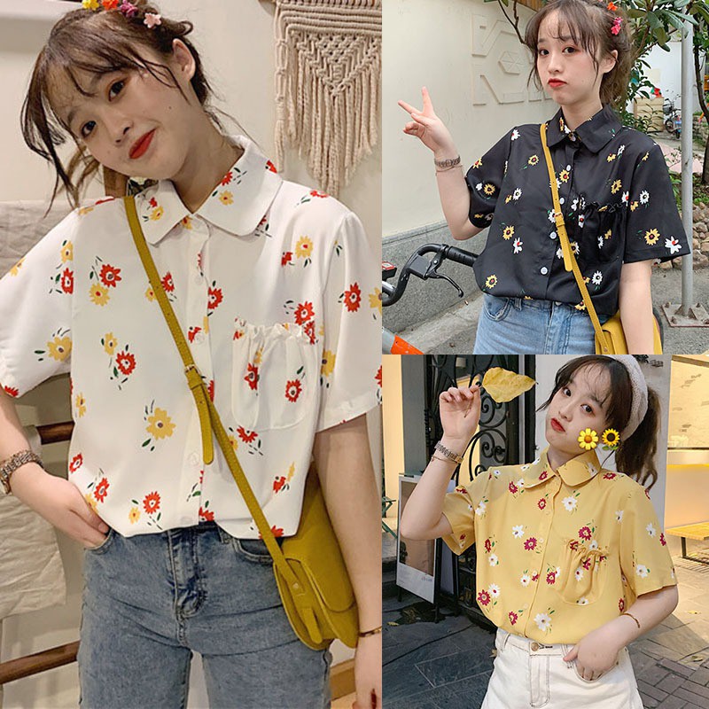 Áo kiểu chất Chiffon tay ngắn hoạ tiết hoa thiết kế cổ bẻ thanh lịch