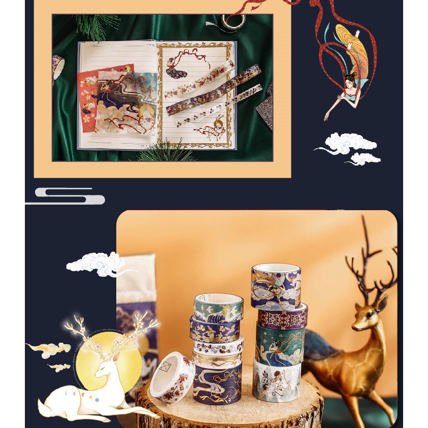 Combo Sticker Washi masking tape băng dính cổ trang ánh nhũ phong cách Nhật Bản