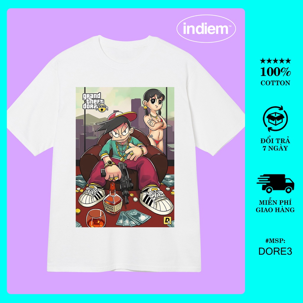 Áo thun tay lỡ in hình doremon INDIEM shop dore3, Áo thun unisex nam nữ form rộng oversize chất liệu Cotton