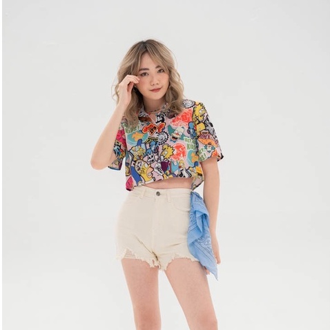 Áo Sơ Mi BOO Croptop Dáng Rộng, Ngắn Tay In Tràn Họa Tiết The Simpsons BZL Trendy Dành Cho Gen Z Cá Tính