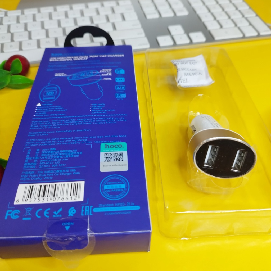 Cốc Sạc USB Ô Tô Chính Hãng Hoco 2 Cổng Sạc USB 2.1 A Hiển Thị Màn Hình Led Cao Cấp Z26
