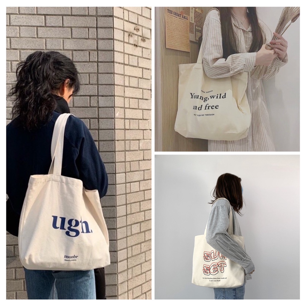 Túi tote túi vải nữ phong cách uzzang vải canvas mềm, M58 quai trắng-Haka store