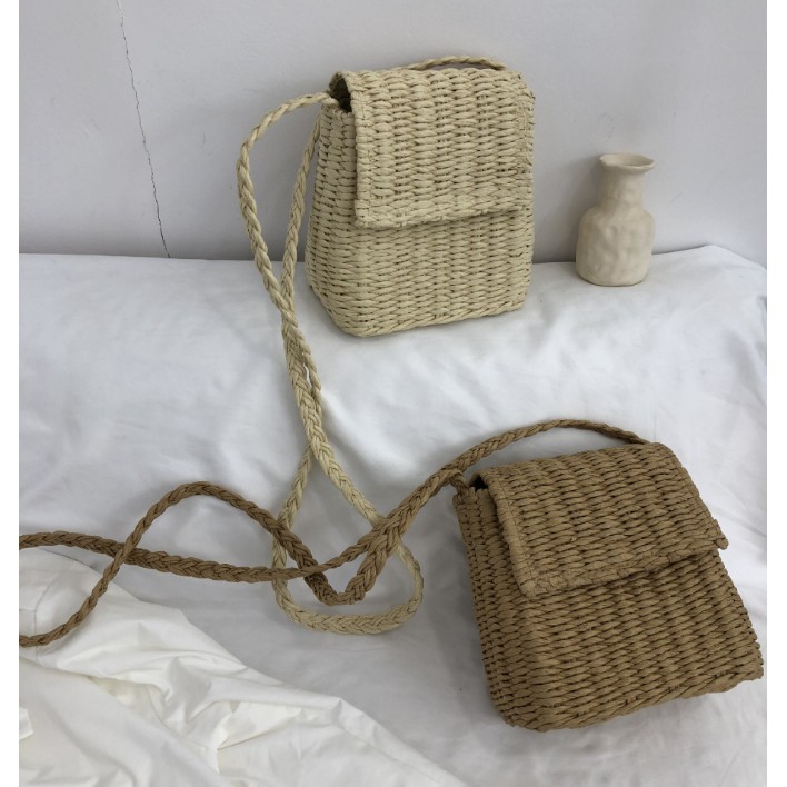 Túi đeo vai hình vuông sợi đan phong cách vintage cho nữ