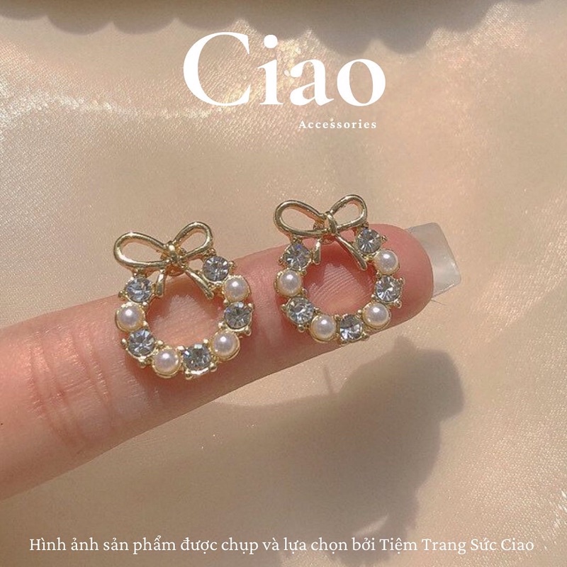[HOẢ TỐC 1H] Khuyên tai/ Bông tai mạ bạc S925 thiết kế hình nơ đính đá Pretty In Ciao