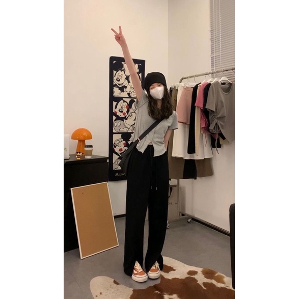 Áo Thun Tay Ngắn Cổ Chữ V Xẻ Tà Dáng Ôm Màu Trắng Thời Trang Cho Nữ