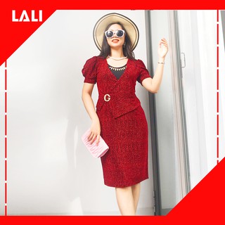 Đầm trung niên hoa cổ đắp ôm body, váy trung niên tay phồng dự tiệc MS79