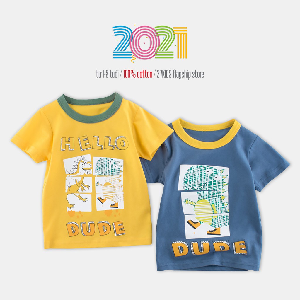 Áo phông bé trai cộc tay 27KIDS áo cặp áo đôi cho bé họa tiết khủng long chất cotton mẫu mới 2021