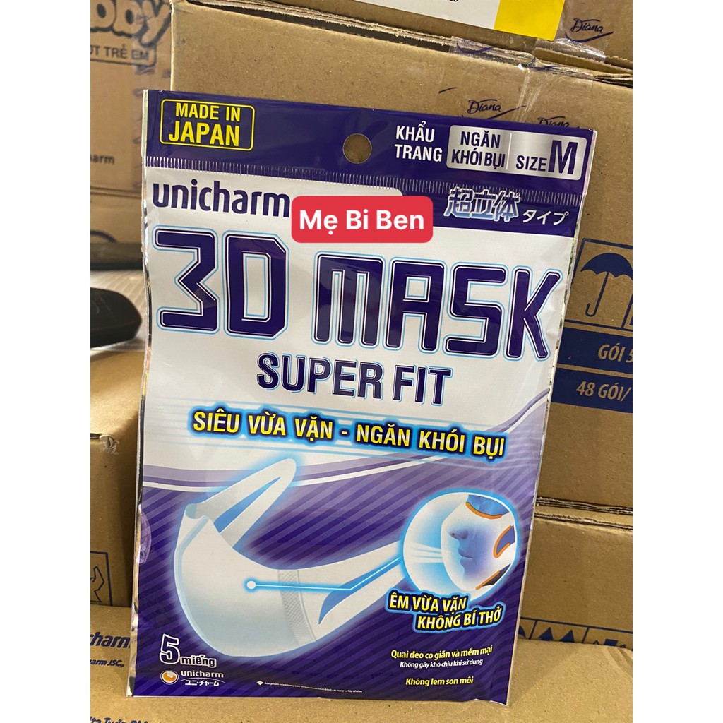 Khẩu trang ngăn khói bụi Unicharm 3D Mask Super Fit size M 1 gói/5 miếng (hàng sẵn giao ngay)