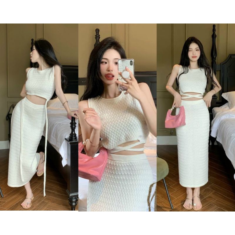 SET CROP REN TRẮNG + CHÂN VÁY MIDI THẮT DÂY EO✨