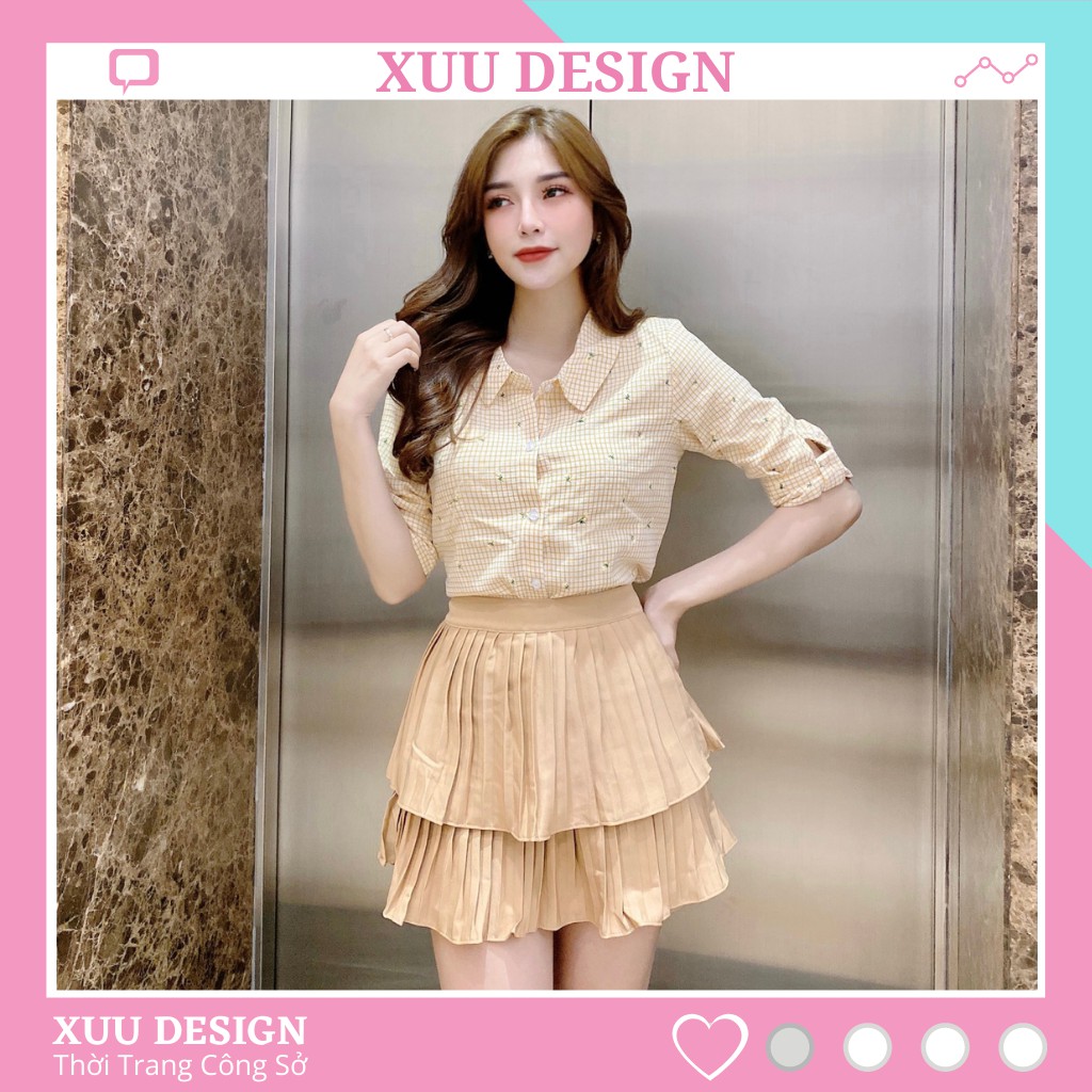 Áo sơ mi nữ công sở Xuu Design💖 Freeship-Ảnh Thật💖 Sơ mi kẻ cổ sen, chất vải đẹp [BS11 caro Vàng]