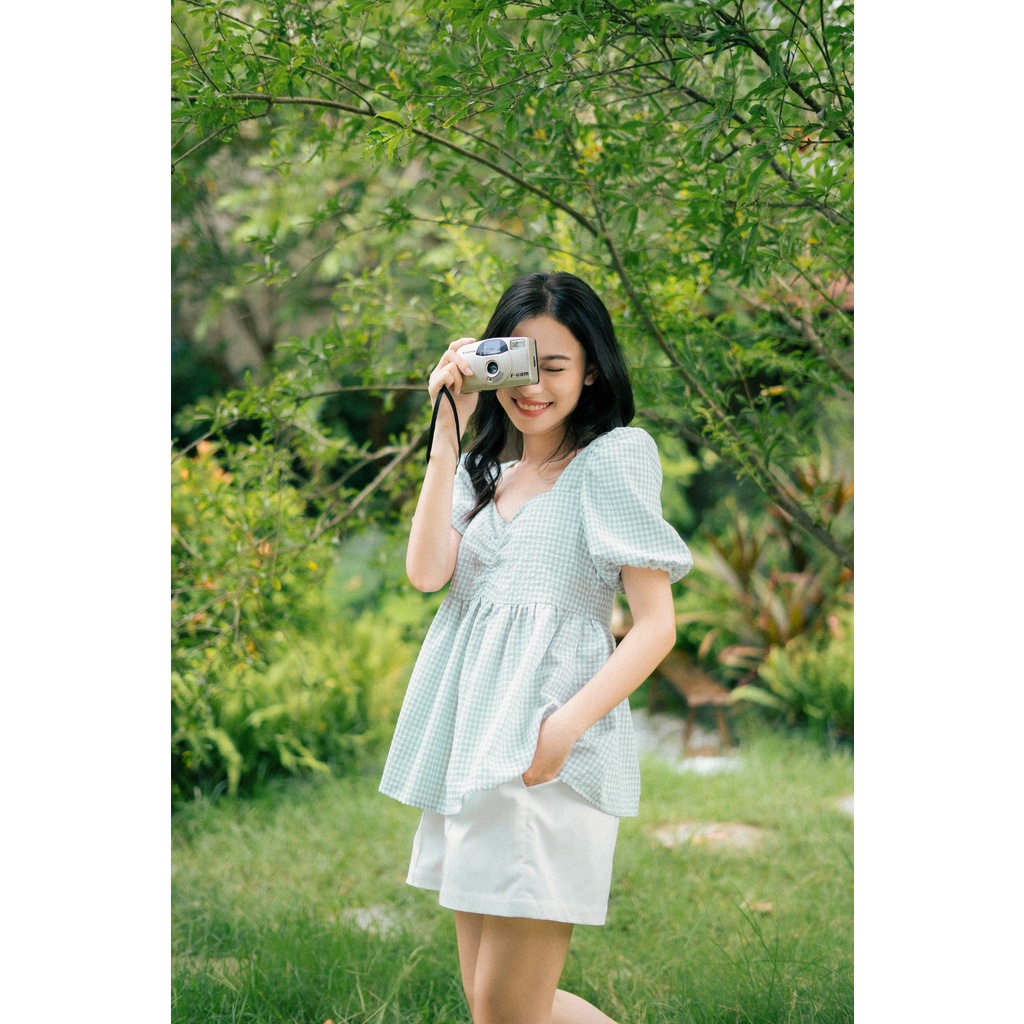 Áo babydoll tay bồng MADELEN kẻ gingham xanh