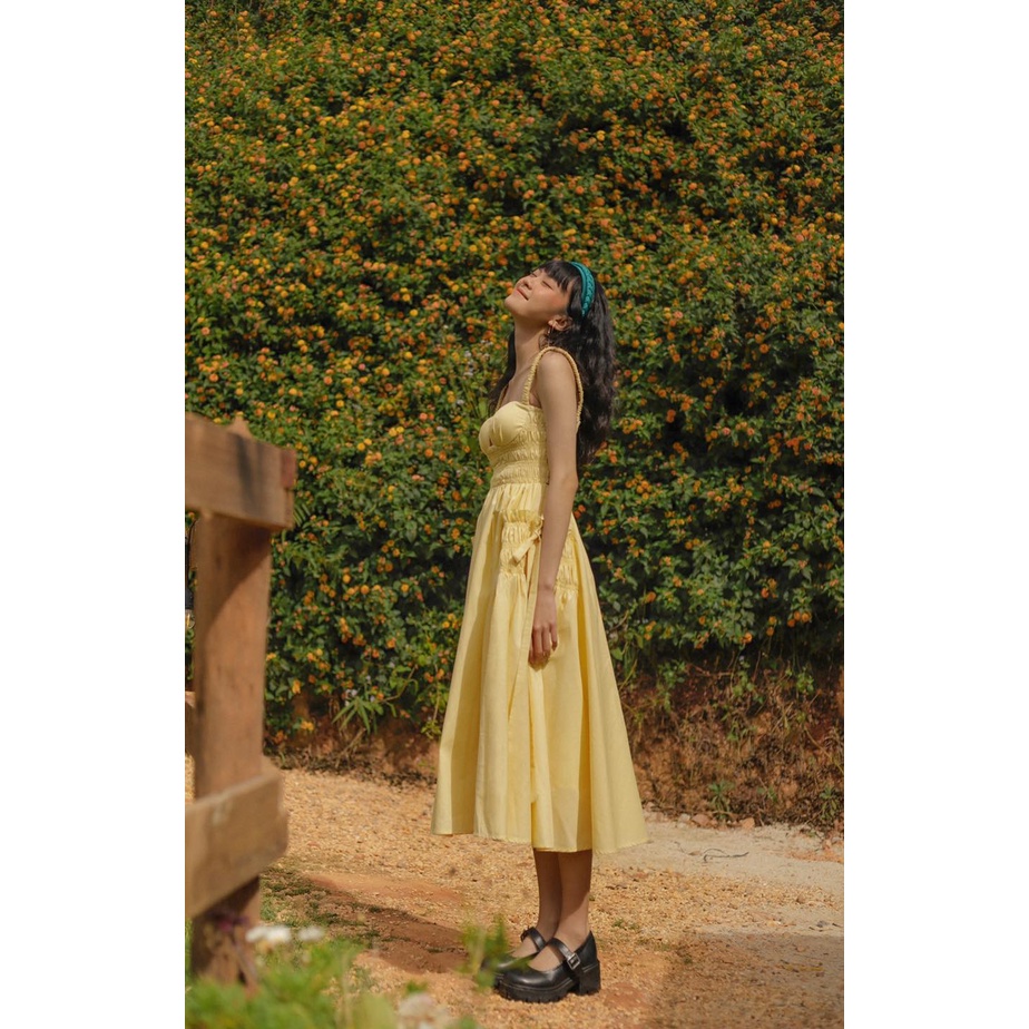 Đầm nữ xoè hai dây cut out ngực The Country Belle Dress vàng kem