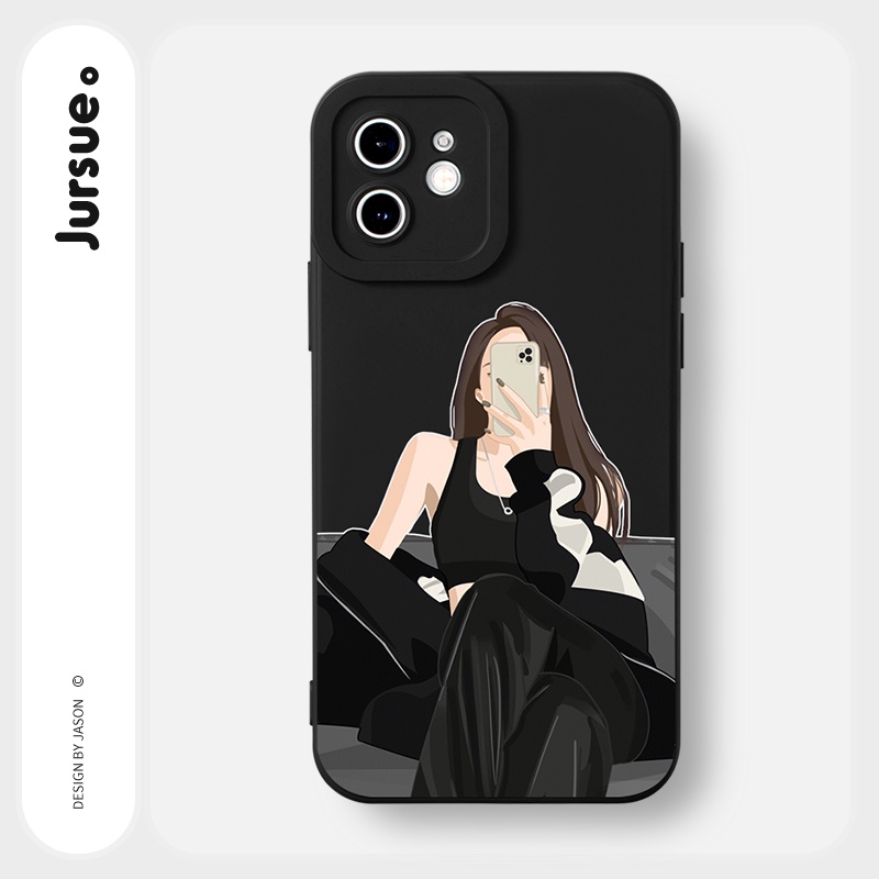 Ốp điện thoại JURSUE đen in hoạt hình thích hợp cho iPhone 14 13 12 11 Pro Max SE 2020 X XR XS 8 7 ip 6S 6 Plus Y2208