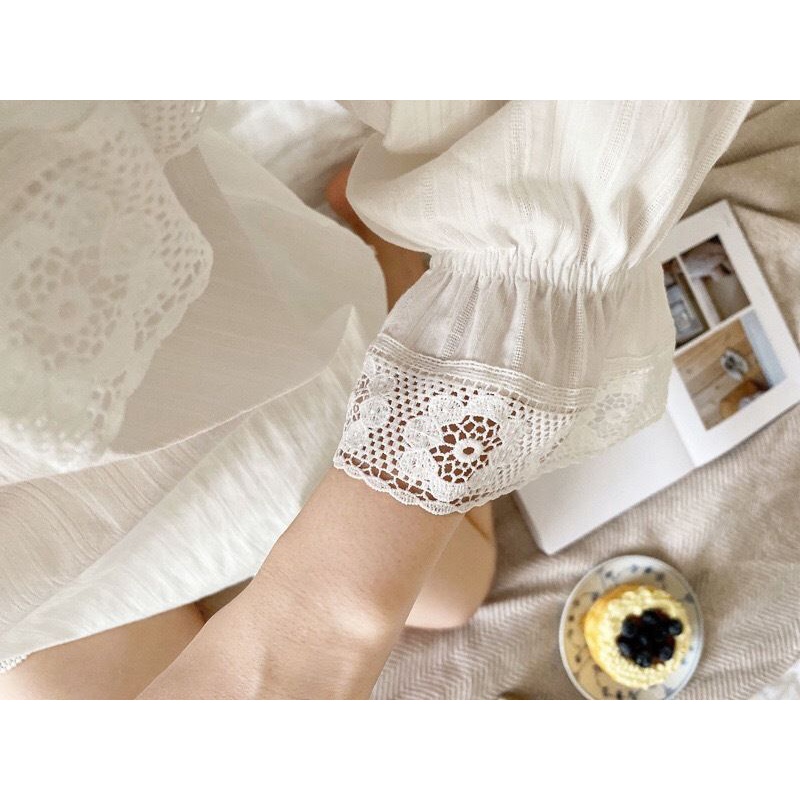 Bộ Đồ Ngủ 100% cotton Phối Ren Kiểu Công Chúa Dễ Thương Cho Nữ