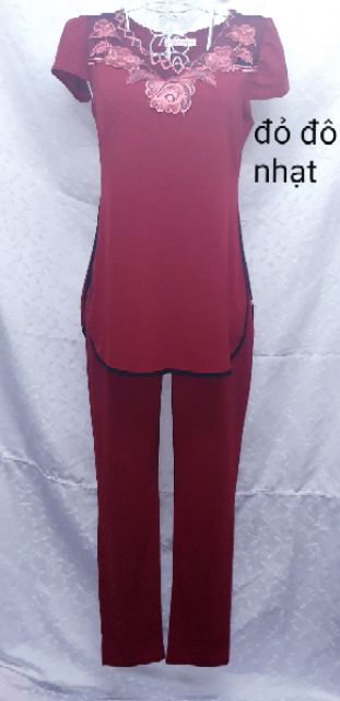 Đồ bộ trung niên mặc nhà trơn màu thêu hoa đính đá/ xẻ tà